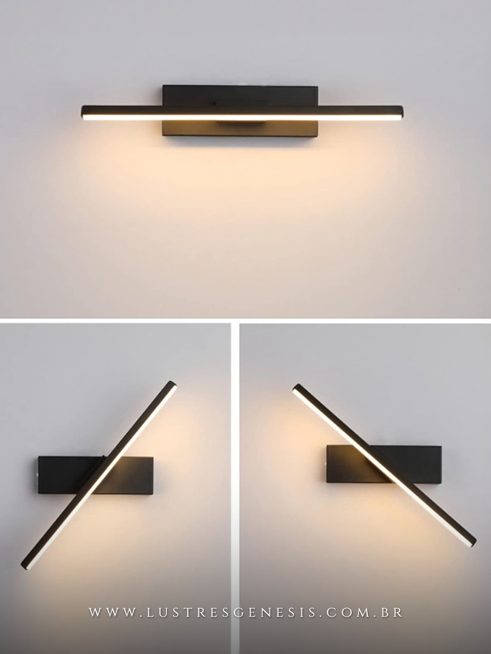 Arandela Minimalista Alumínio Articulada 350° LED Preto Retangular 30cm ou 50cm Para Corredor, Varanda e Área Gourmet